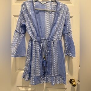 Blue Island Blue and White Ruffled Tie open Front kamona style